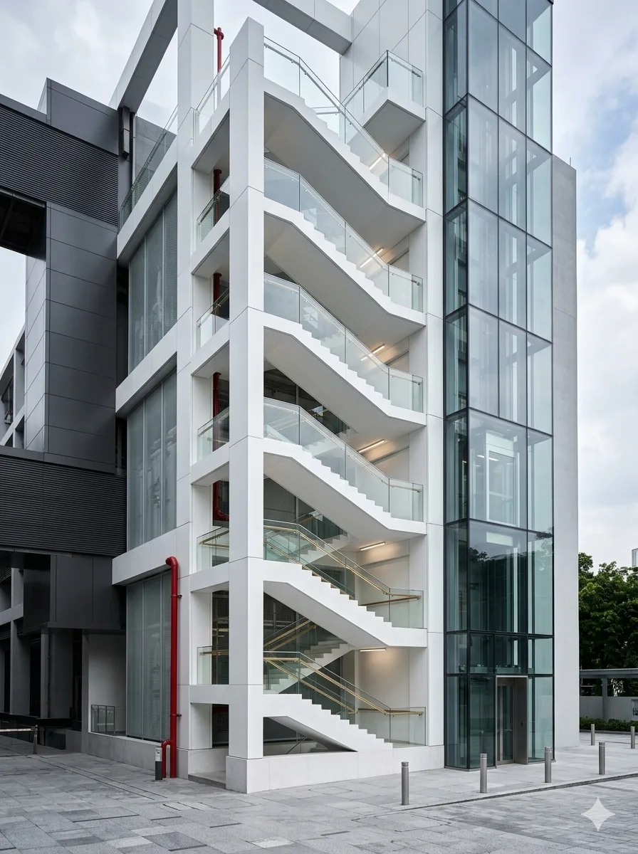 Modern facade with precast staircase and glass elevator core