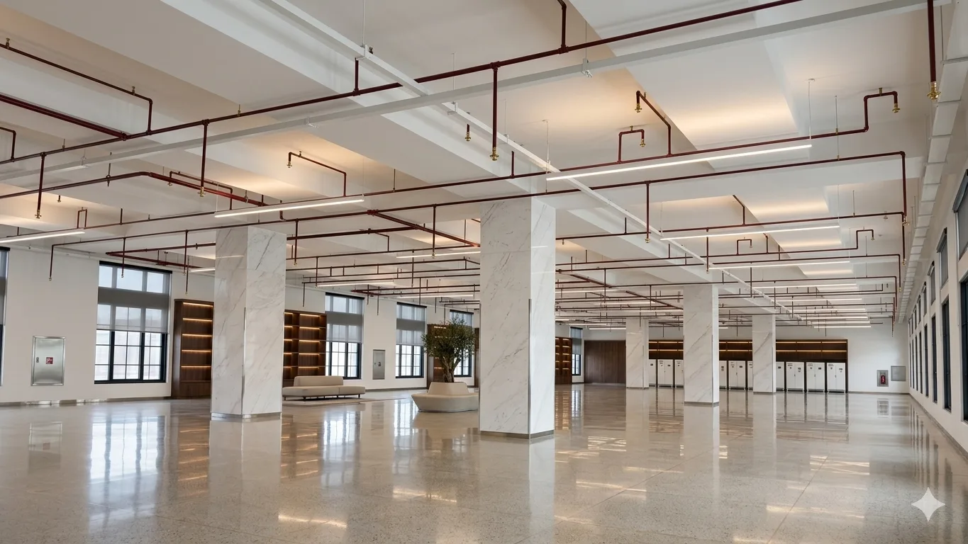 Finished lobby with exposed MEP over marble flooring